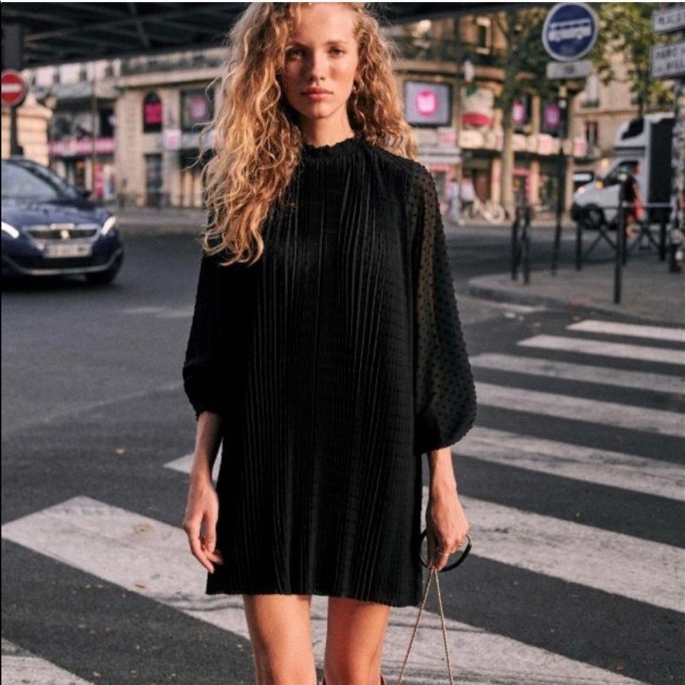 Sezane Black Pleated Mini Dress with Textured Bishop Sleeves